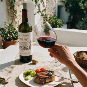 Botella de Camino a Pardos 40 junto a una copa de vino tinto y carne a la parrilla.