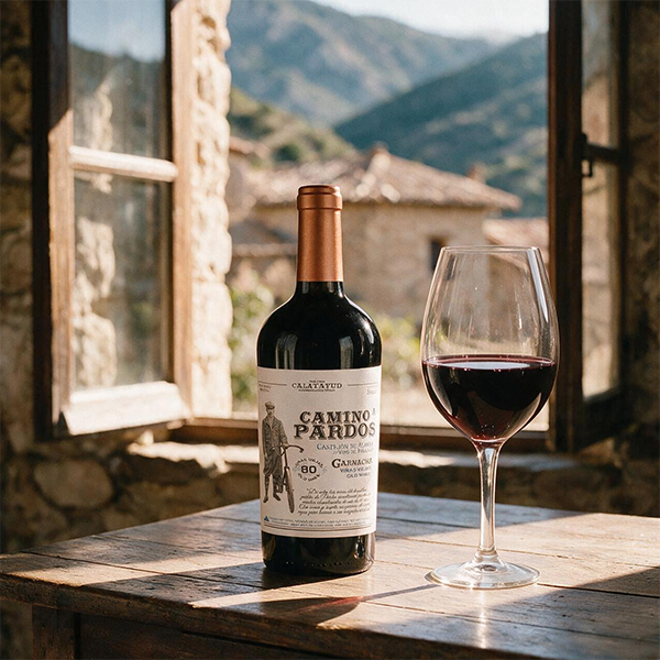 Botella de Camino a Pardos 80 junto a una copa de vino tinto con un paisaje de montaña al fondo.