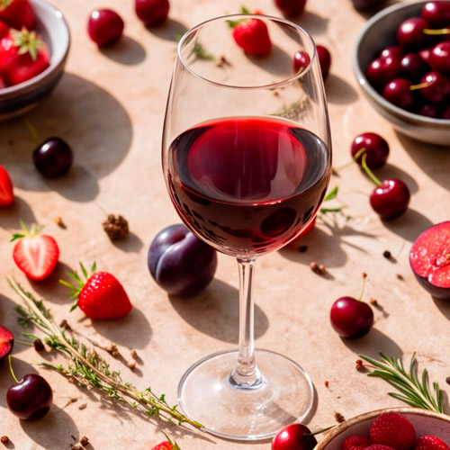 Copa de vino tinto con cerezas y fresas, aromas habituales en la Garnacha
