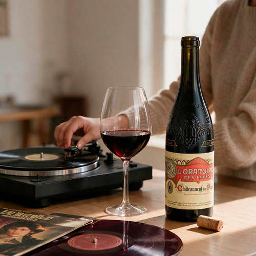L’Oratoire des Papes Rouge con copa de vino tinto