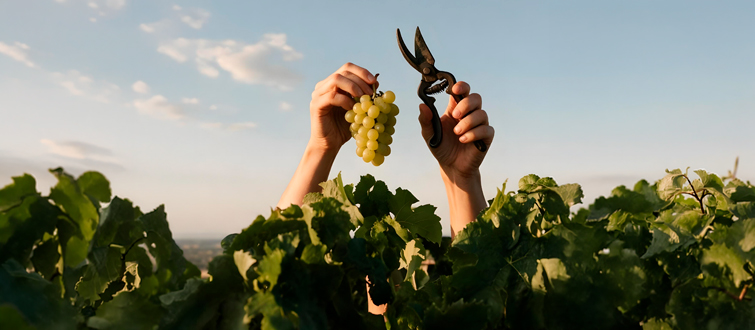 Vendimia manual en viñedo con racimo de uva y tijeras de poda