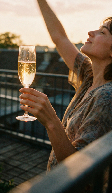 Mujer con copa de champagne al atardecer en una terraza