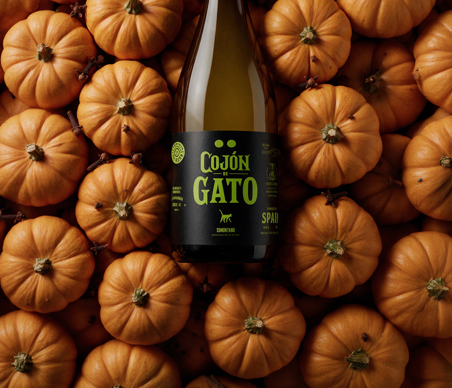 Botella de Cojón de Gato entre calabazas, selección de vinos de otoño