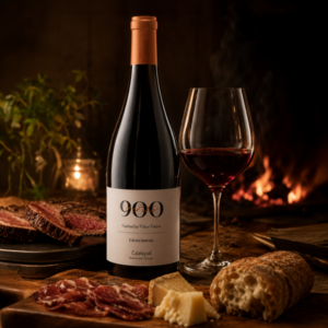 900 Viñas Viejas Garnacha junto a una copa de vino tinto y una chimenea encendida
