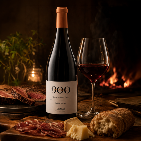 900 Viñas Viejas Garnacha junto a una copa de vino tinto y una chimenea encendida