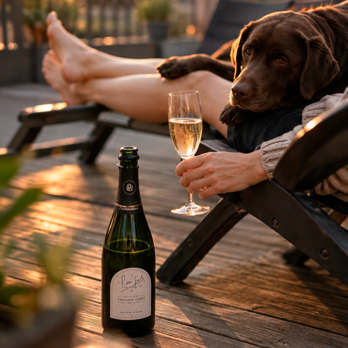 Copa de Champagne en una terraza durante una tarde tranquila