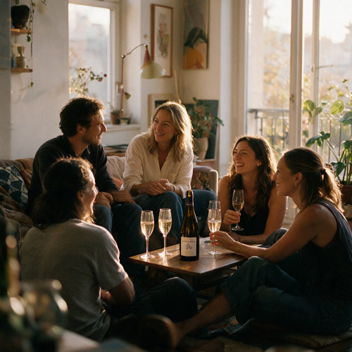 Amigos compartiendo Champagne alrededor de una mesa en casa