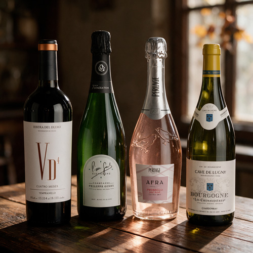 Selección de vinos tintos, blancos, Champagne y Prosecco para el otoño
