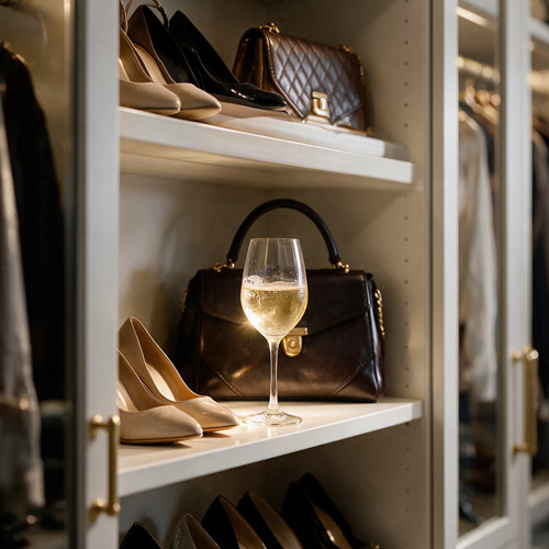 Copa de vino espumoso entre ropa y accesorios de otoño en un vestidor