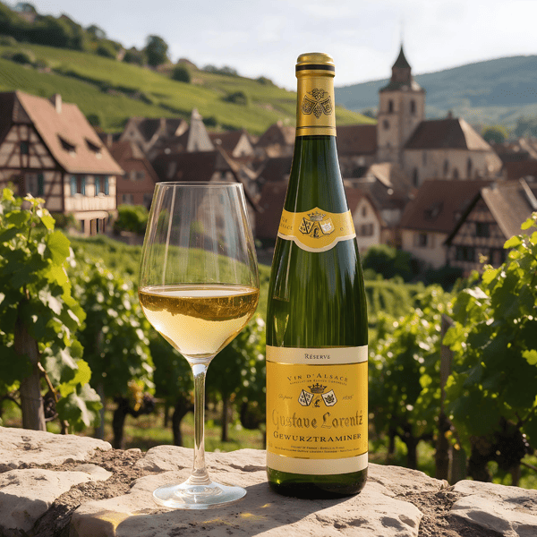 Gustave Lorentz Gewürztraminer junto a una copa de vino blanco en una terraza con vistas a un pueblo de Alsacia
