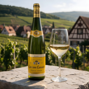 Gustave Lorentz Pinot Gris Réserve junto a una copa de vino blanco en una terraza con vistas a un pueblo de Alsacia