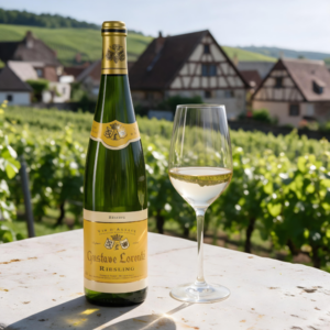 Gustave Lorentz Riesling Réserve junto a una copa de vino blanco en una terraza de Alsacia