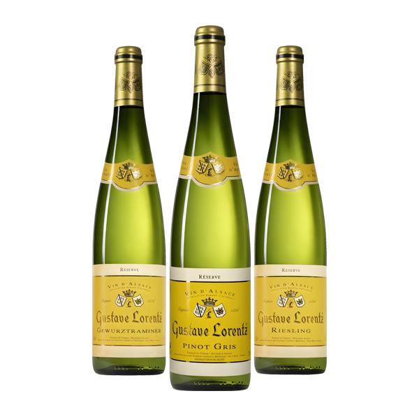 Pack vinos de Alsacia Trilogía de Gustave Lorentz con Riesling, Pinot Gris y Gewürztraminer Réserve