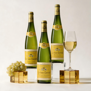 Pack vinos de Alsacia Trilogía de Gustave Lorentz con tres botellas Réserve, copa de vino blanco y uvas