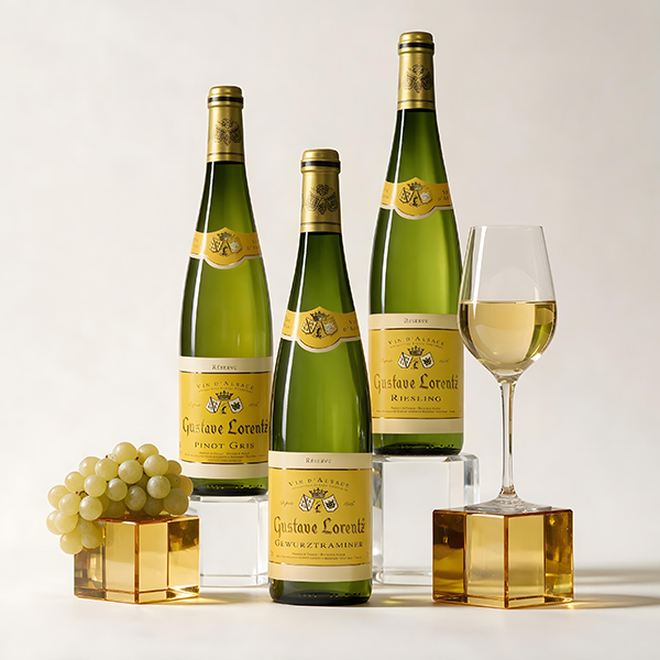 Pack vinos de Alsacia Trilogía de Gustave Lorentz con tres botellas Réserve, copa de vino blanco y uvas