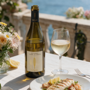 La Piuma Pecorino junto a una copa de vino blanco en una mesa al aire libre